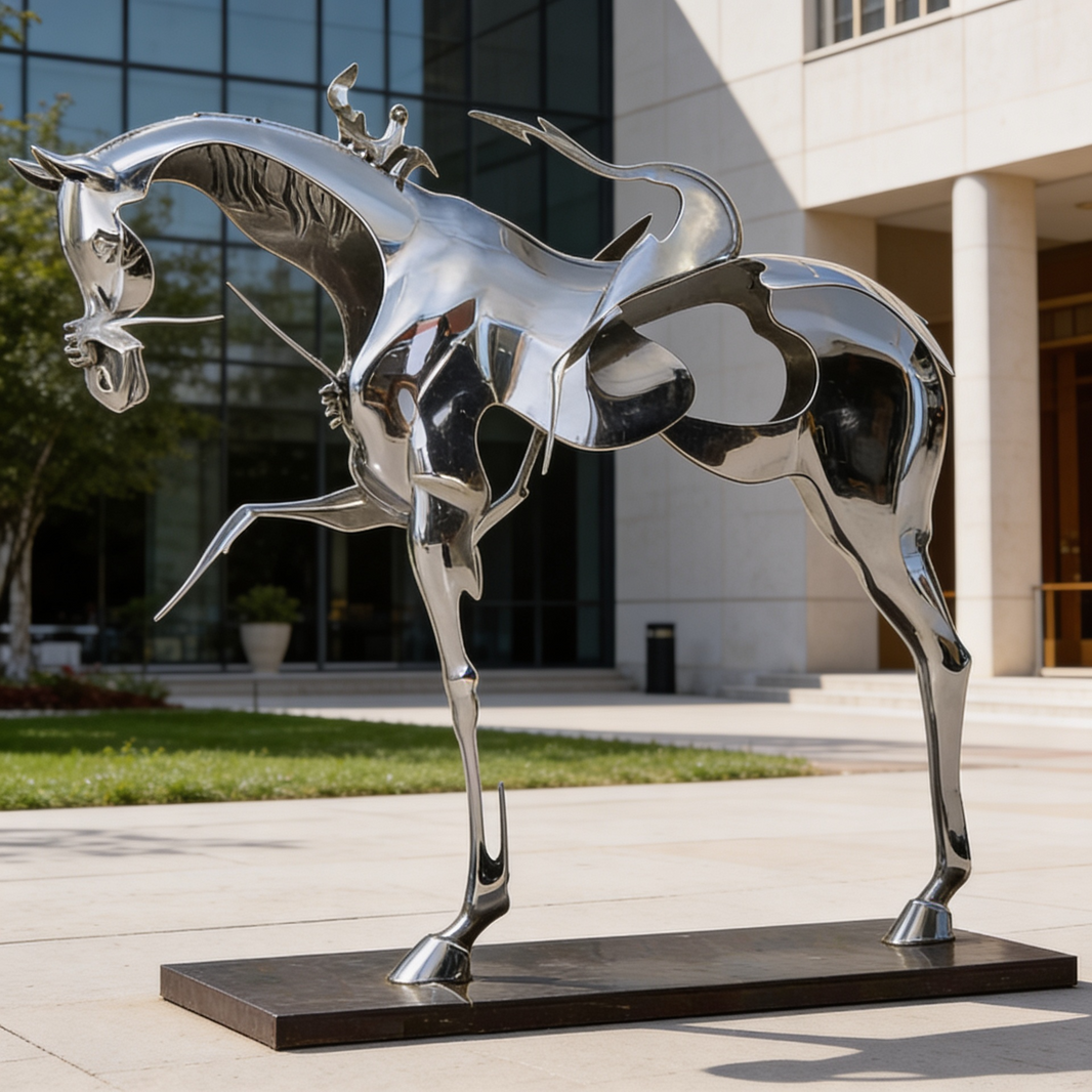 Reflective metallic horse sculpture featuring elongated forms and a simplified rider figure