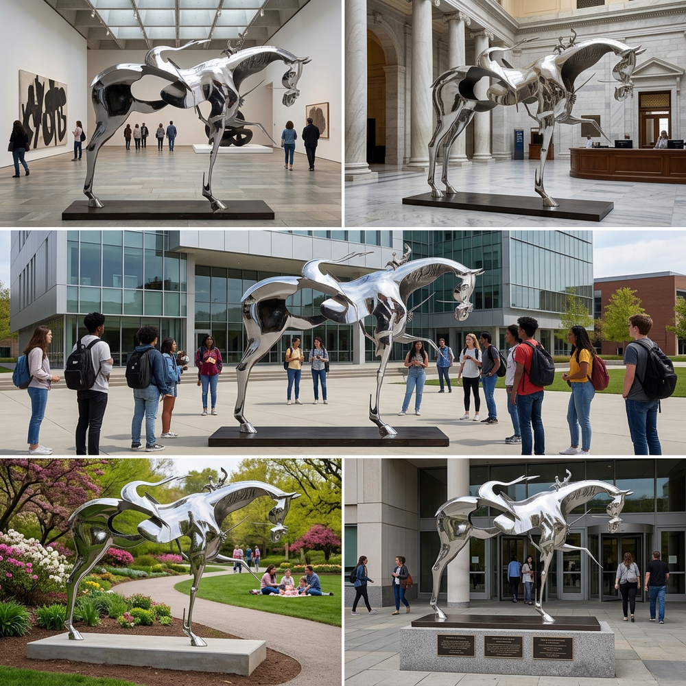 Collage of a silver dog sculpture in various outdoor settings with people around.