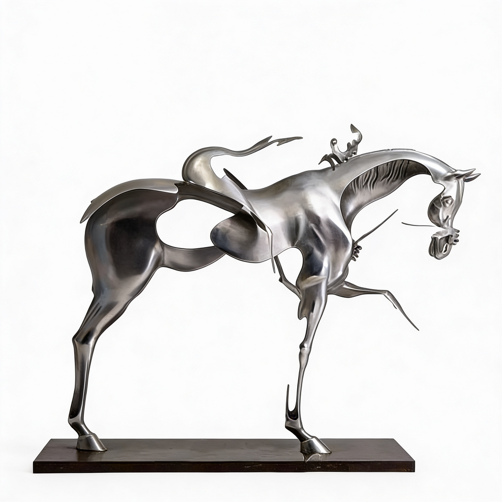 Metallic horse sculpture on a white background