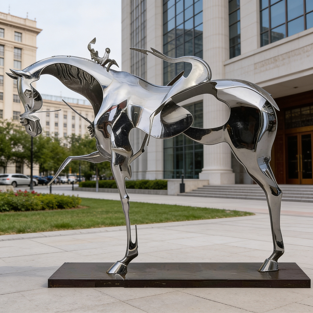 Abstract reflective sculpture depicting a horse with fragmented body elements and a simplified rider