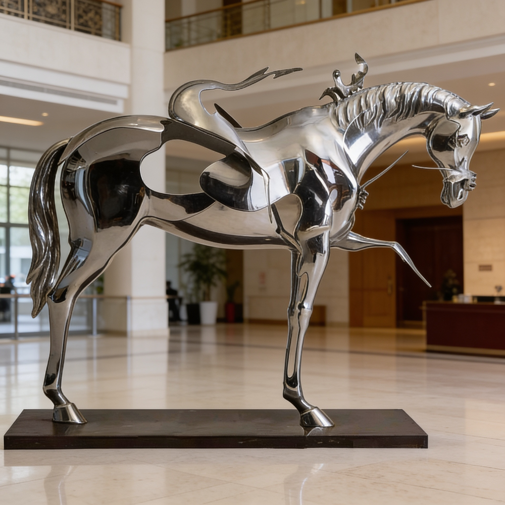 Sleek abstract horse sculpture with reflective finish and a small rider positioned on top