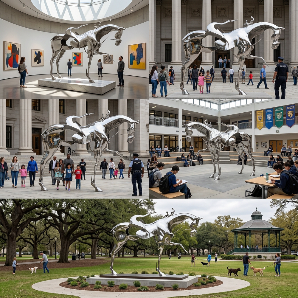 Collage of a large metal horse sculpture in various settings including indoors and outdoors.