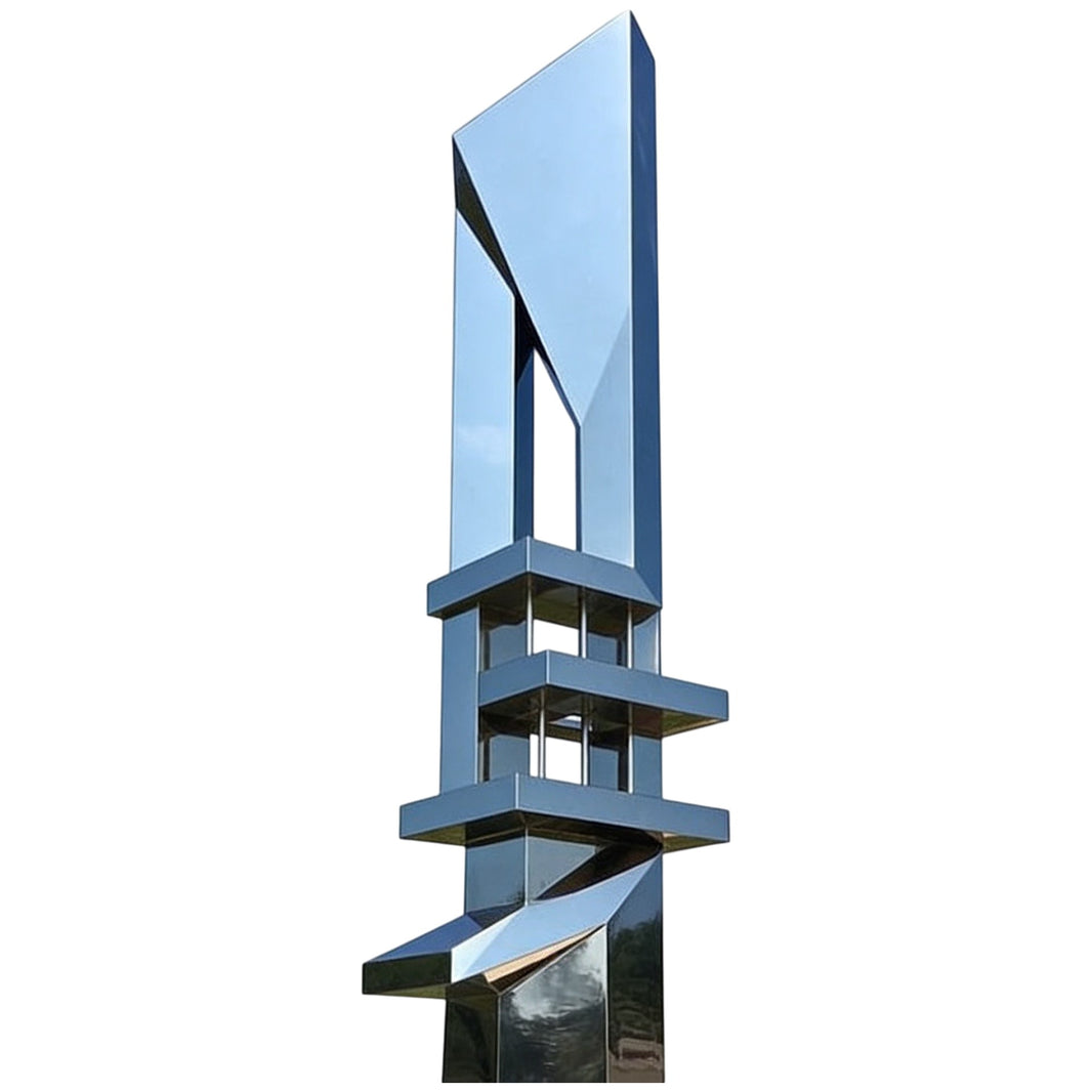 Polished metal sculpture featuring stacked geometric shapes with smooth reflective surfaces