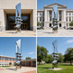 Contemporary polished metal sculpture with angular stacked shapes and reflective highlights