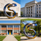 Collage of a large metal sculpture, a government building, a school building, and another metal sculpture.