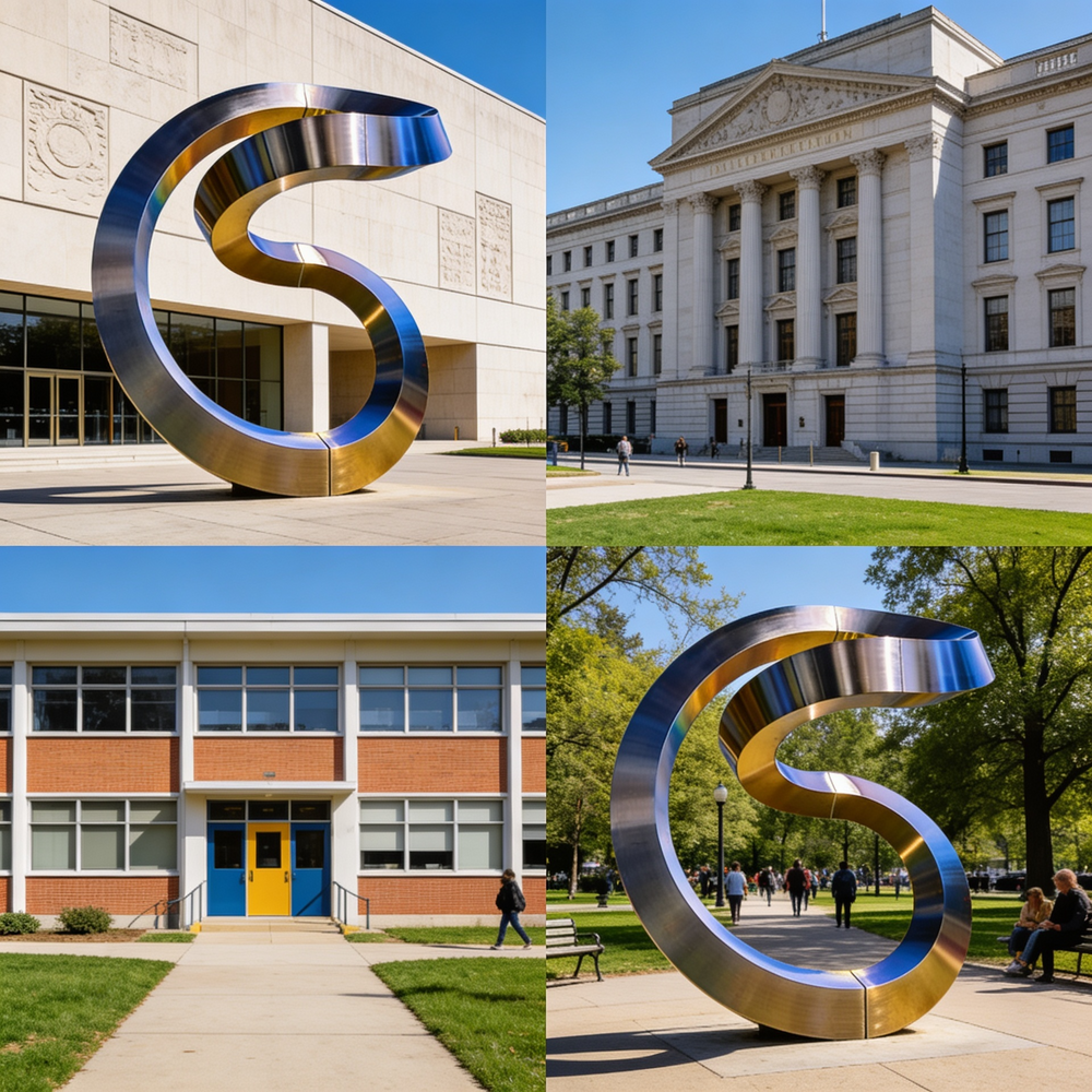 Collage of a large metal sculpture, a government building, a school building, and another metal sculpture.