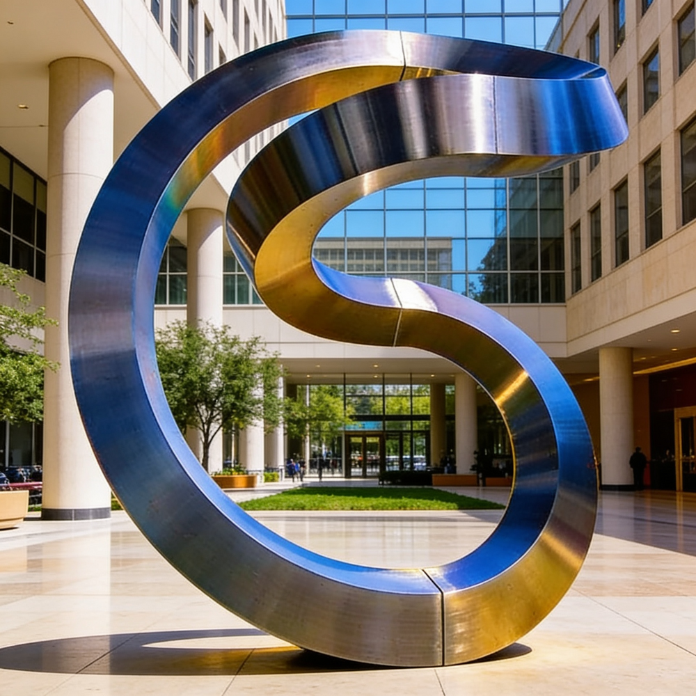 Modern metallic sculpture with twisting ribbon geometry and reflective highlights