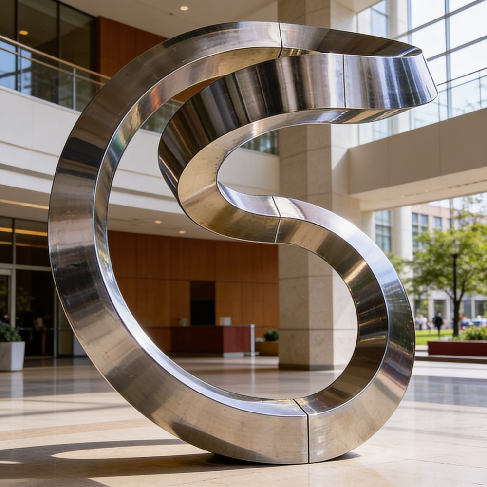 Reflective metal ribbon sculpture with smooth twisting contours and modern abstract design