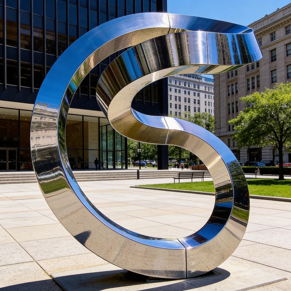 Abstract metal artwork featuring a twisting ribbon form with fluid looping motion.
