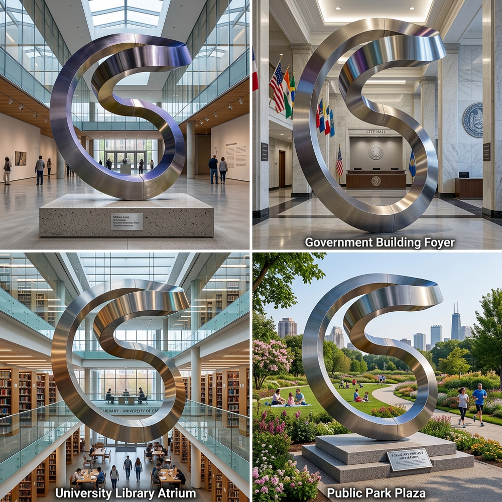 Collage of a large metal sculpture in various settings including a government building, university library, and public park.