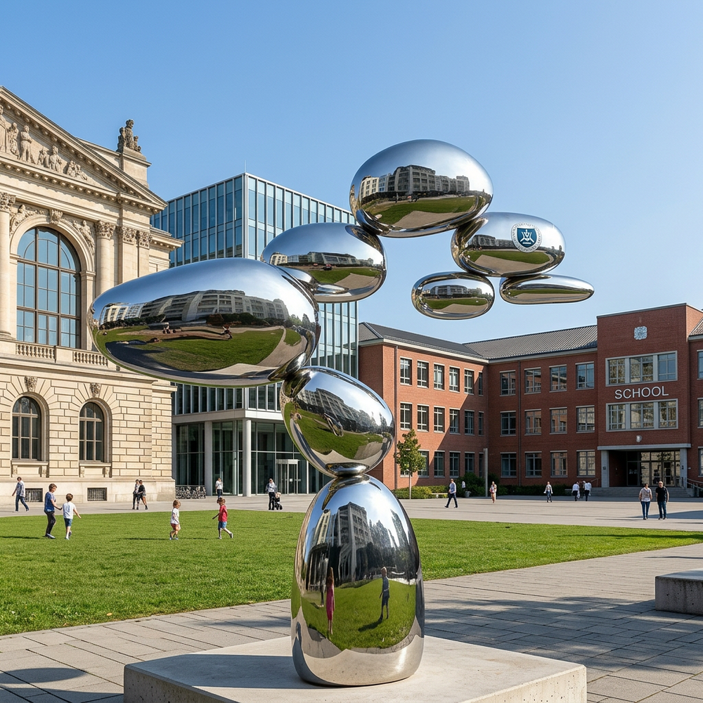Contemporary reflective sculpture featuring stacked rounded metal forms with smooth contours