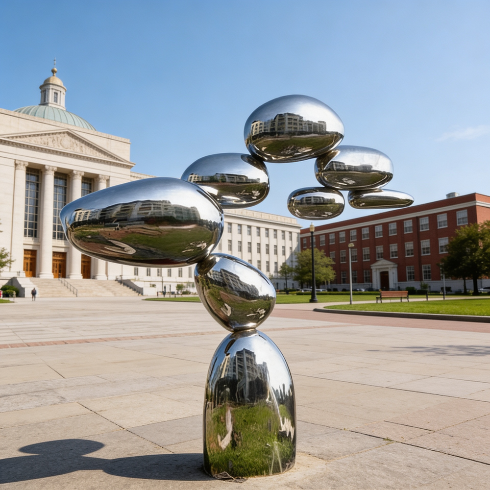 Polished metal sculpture featuring stacked pebble‑shaped forms with smooth reflective surfaces