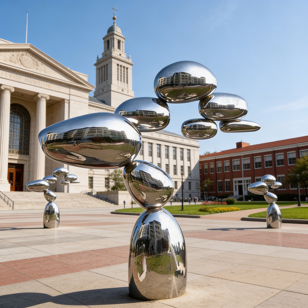 Abstract outdoor sculpture made of ascending metallic pebble forms with mirrored finish