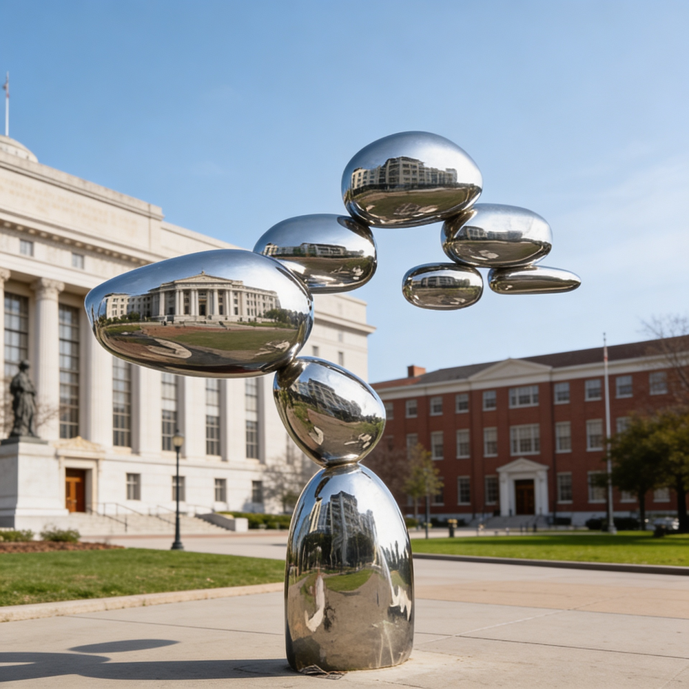 Reflective stainless‑steel‑style sculpture with smooth pebble‑like forms balanced in a tower