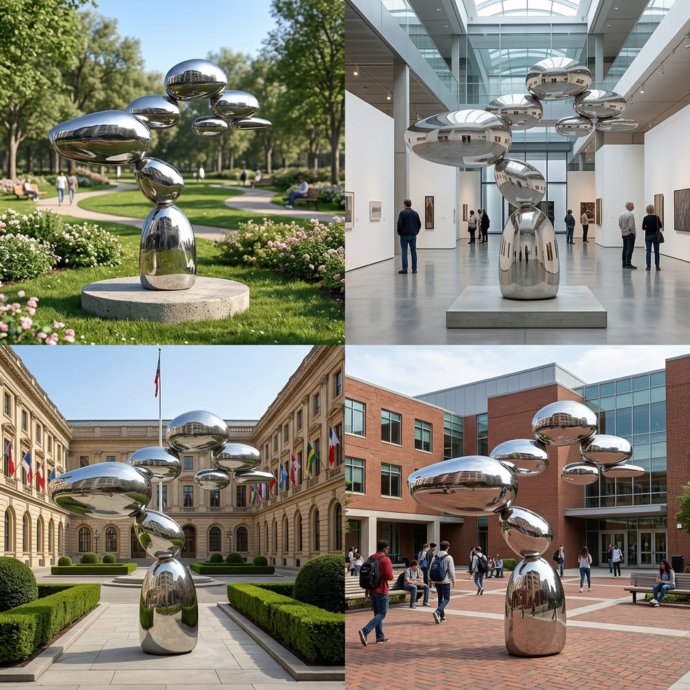 Modern abstract sculpture of stacked metallic droplets with high‑gloss reflective surfaces