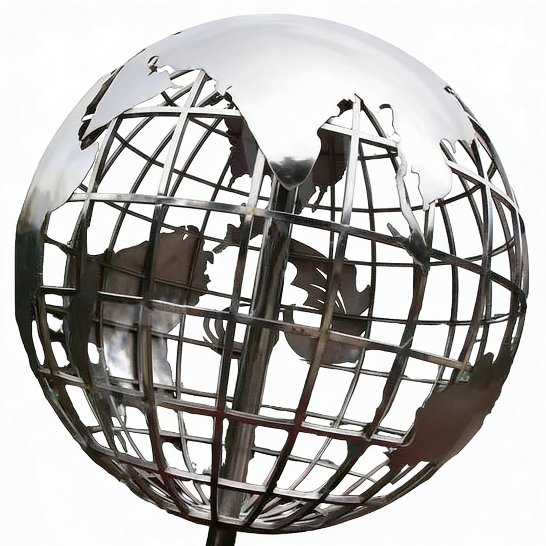 Polished metal globe sculpture with raised continents and a reflective latitude‑longitude grid