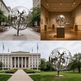 Polished metal globe sculpture with raised continents and a reflective latitude‑longitude grid