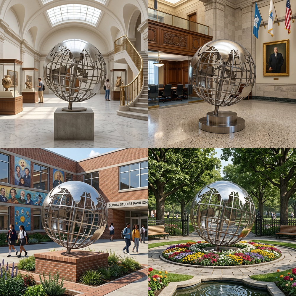 Contemporary metal globe with raised continents mounted on a sleek reflective structure