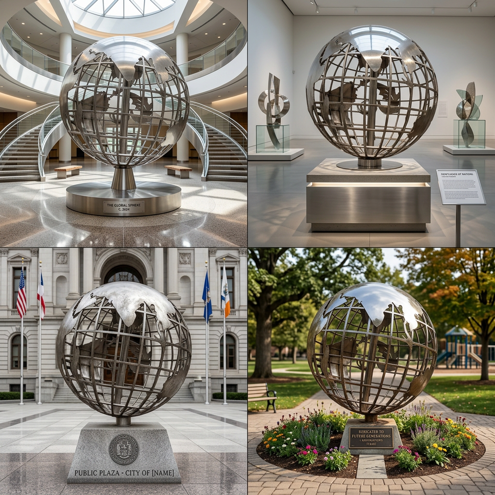 Reflective metal sculpture of Earth featuring a grid sphere and solid continent forms