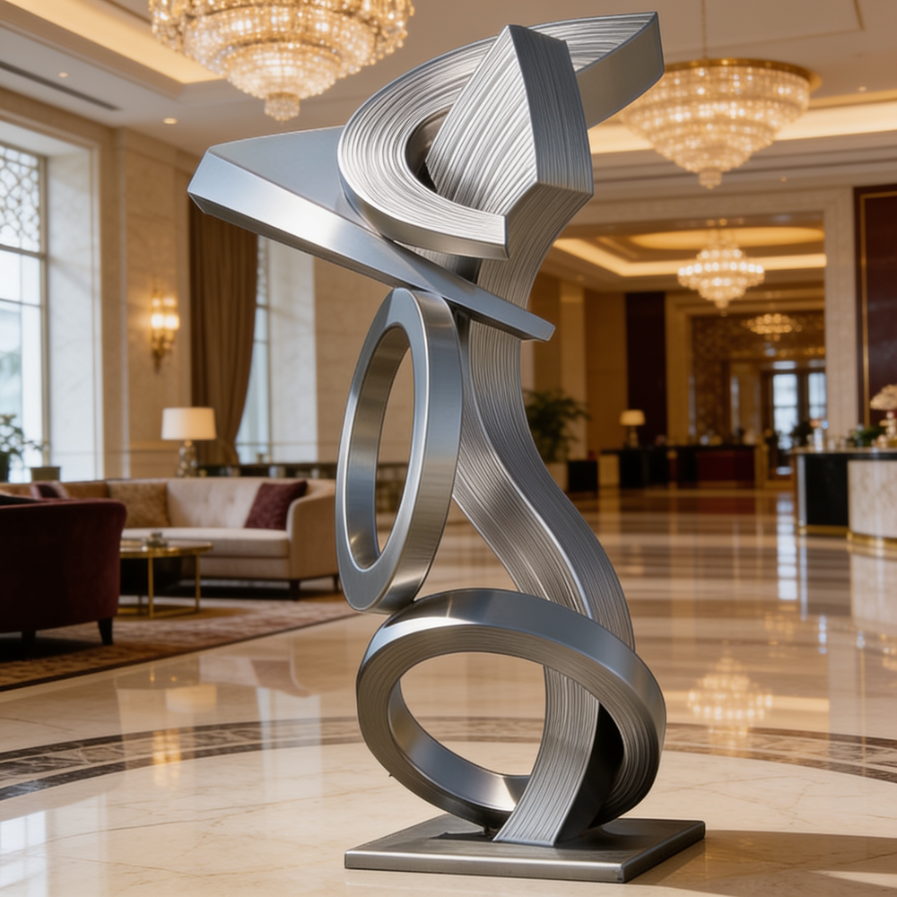 Silver abstract sculpture in a luxurious lobby with chandeliers and furniture.