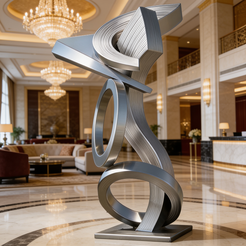 Modern silver sculpture in a luxurious interior setting