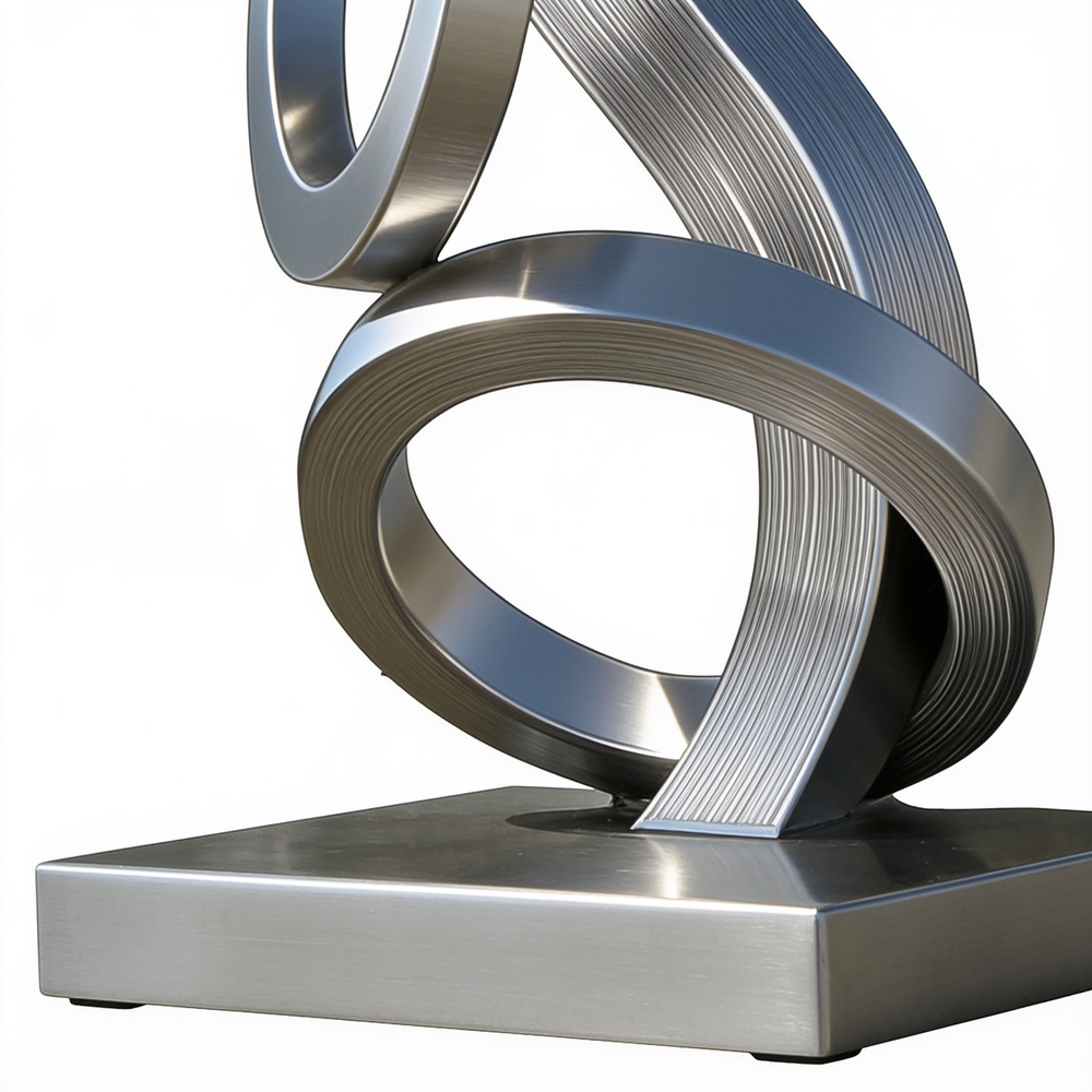 Metallic sculpture with interlocking rings on a white background
