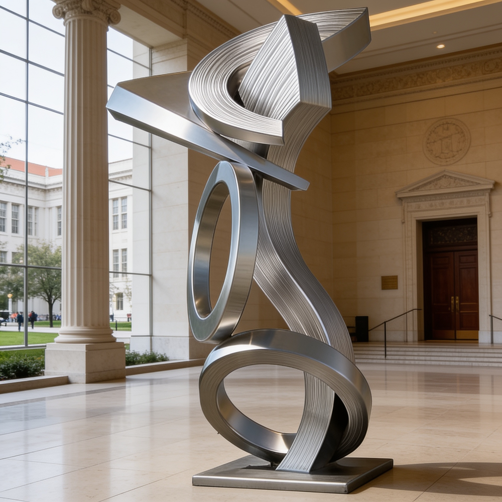 Modern metal sculpture in a large, open hall with columns and a high ceiling