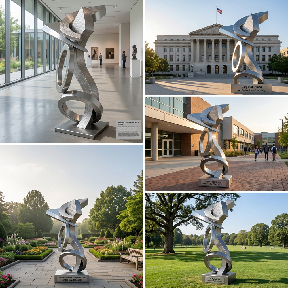 Collage of a large abstract sculpture in various outdoor settings.