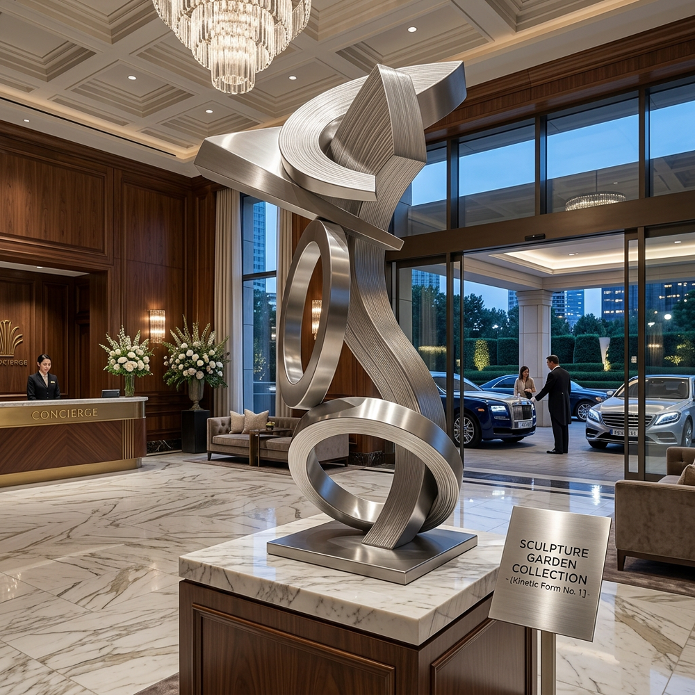 Modern sculpture in a luxurious lobby with marble floor and glass windows.