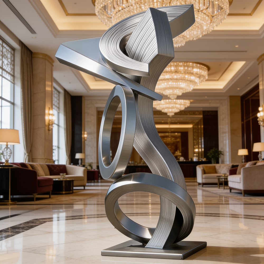 Silver abstract sculpture in a luxurious lobby with chandeliers and furniture.