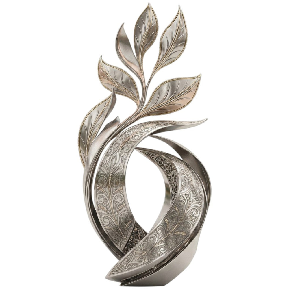 Polished metal abstract sculpture with engraved leaf‑flame forms and ornate swirling patterns