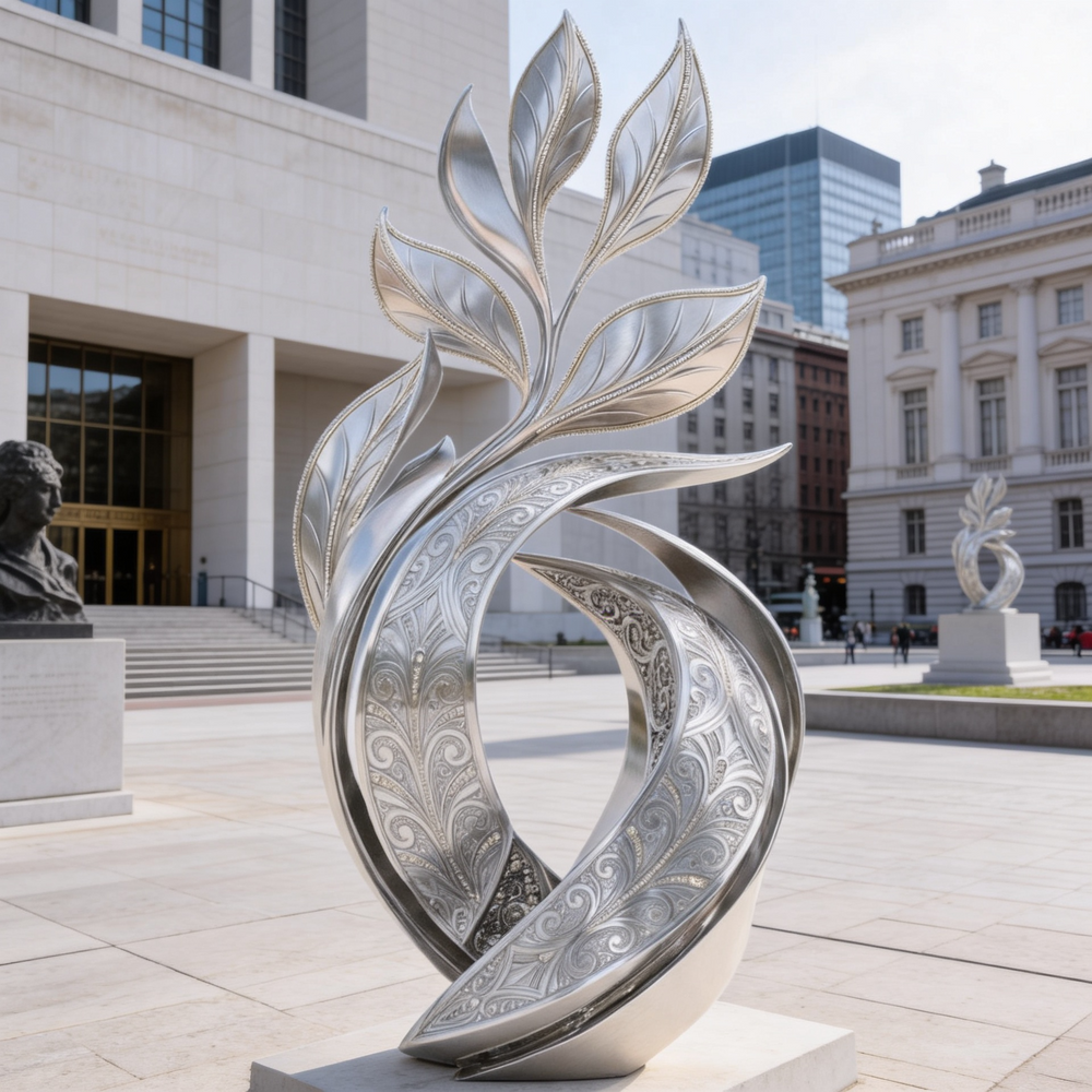 Reflective abstract sculpture with ornate swirling engravings and elegant flame‑inspired curves
