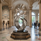 Sleek metallic sculpture with engraved ornamental patterns and upward sweeping abstract forms