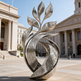 Sleek metallic sculpture with engraved ornamental patterns and upward sweeping abstract forms
