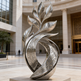Contemporary polished metal artwork with flame‑like curves and intricate decorative engravings