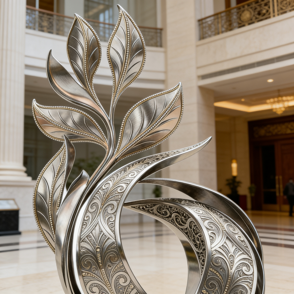 Decorative metal sculpture in the form of a leaf with intricate patterns in an elegant interior setting.