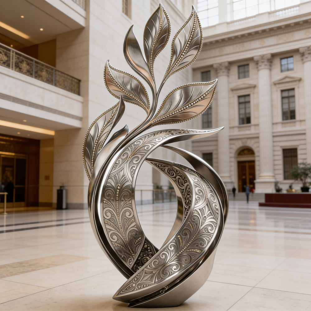 Reflective metallic sculpture featuring upward flowing shapes with detailed engraved motifs
