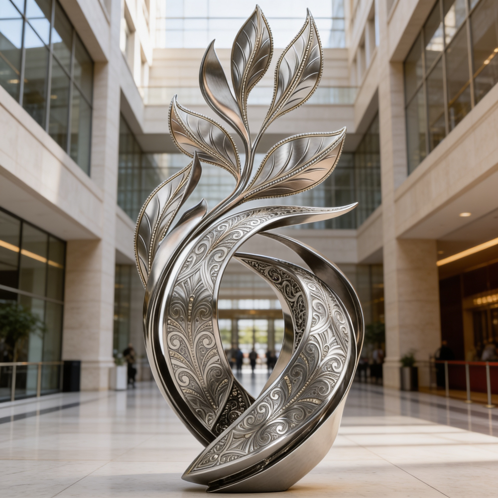 Polished silver‑tone sculpture featuring flowing abstract shapes with fine engraved detailing