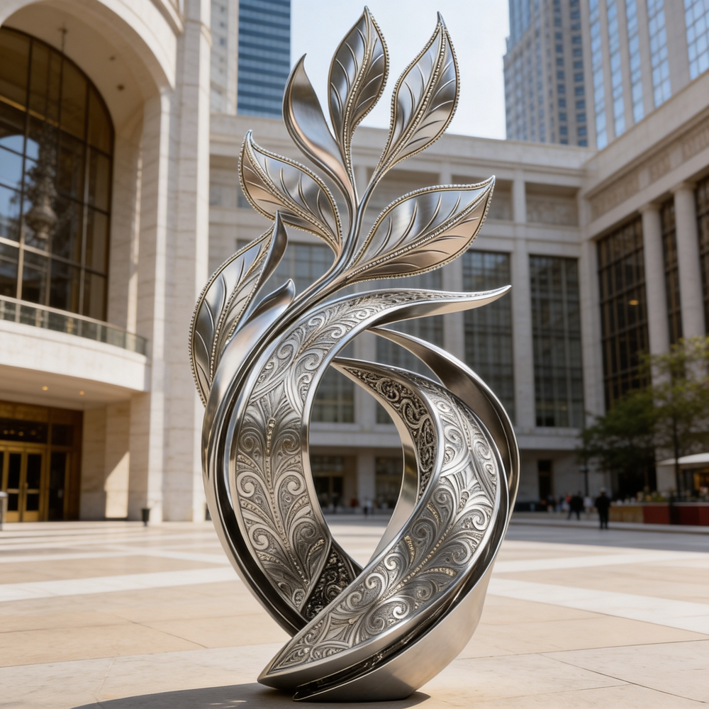 Modern polished metal sculpture showcasing engraved symmetrical patterns and organic rising forms