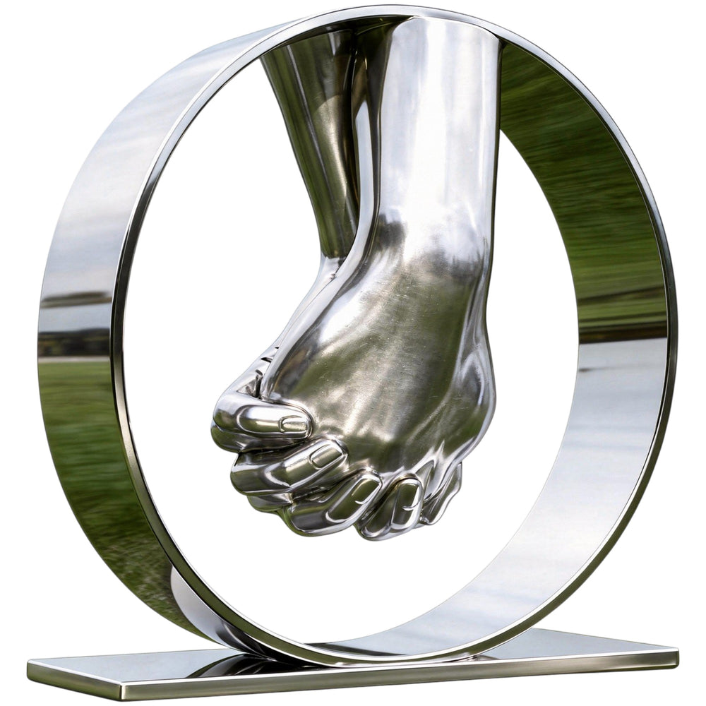 Metallic sculpture of two interlocked hands within a circular frame on a white background