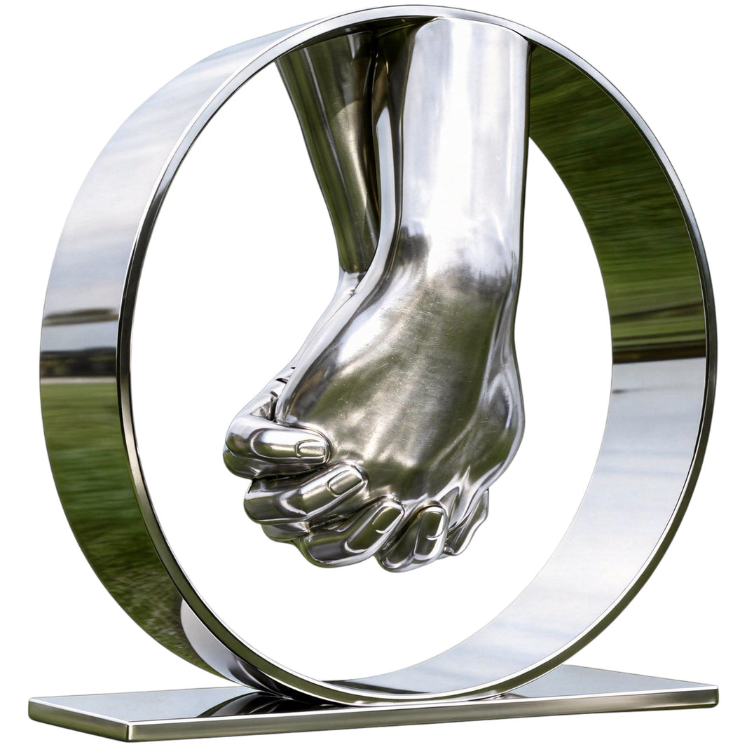 Metallic sculpture of two interlocked hands within a circular frame on a white background