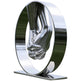 Modern polished metal sculpture showing clasped hands centered inside a circular structure.