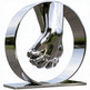 Polished metal hands clasped together within a round frame, mounted on a rectangular base.