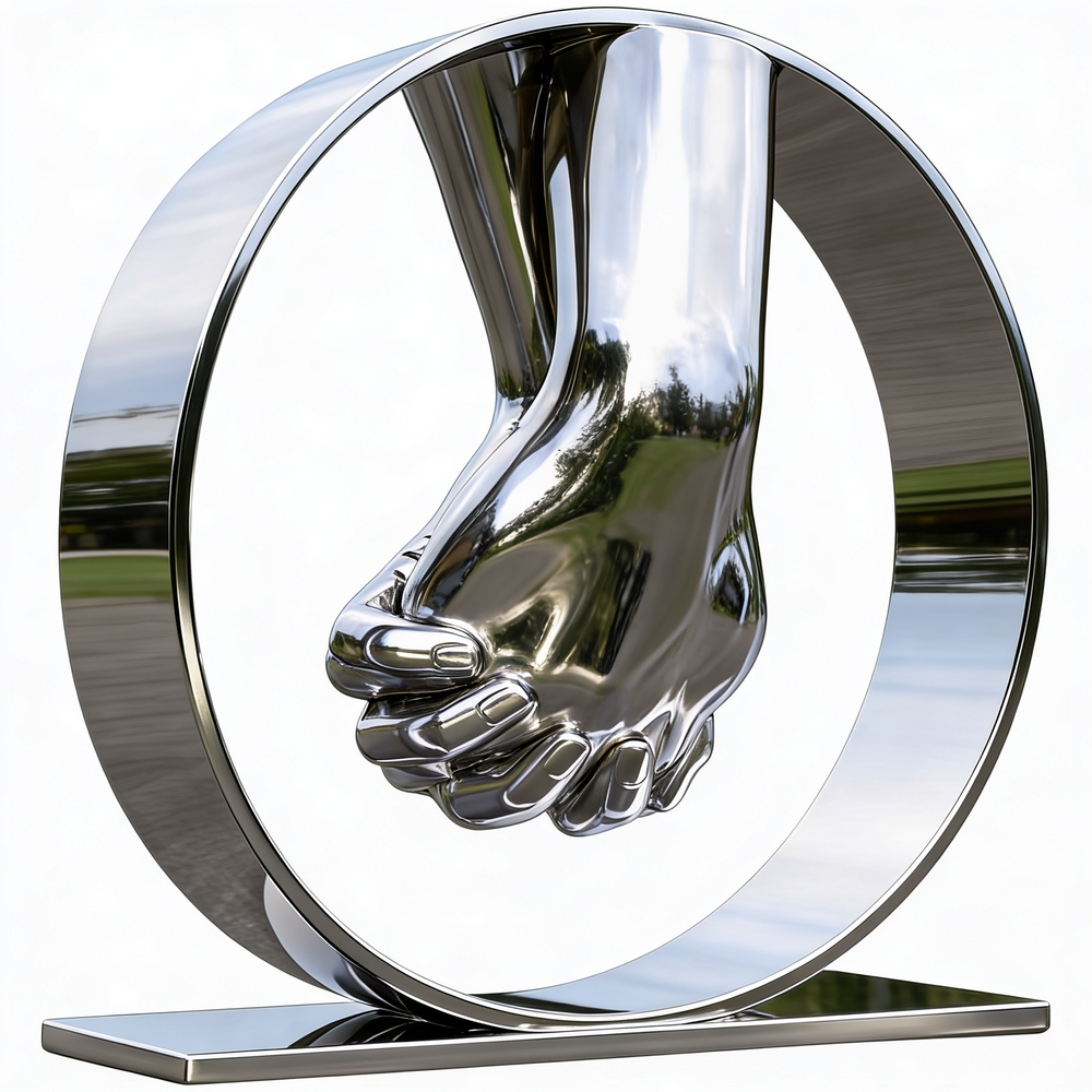 Polished metal hands clasped together within a round frame, mounted on a rectangular base.