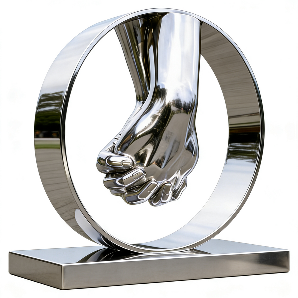 Reflective metal artwork featuring interlocking hands framed by a polished circular ring