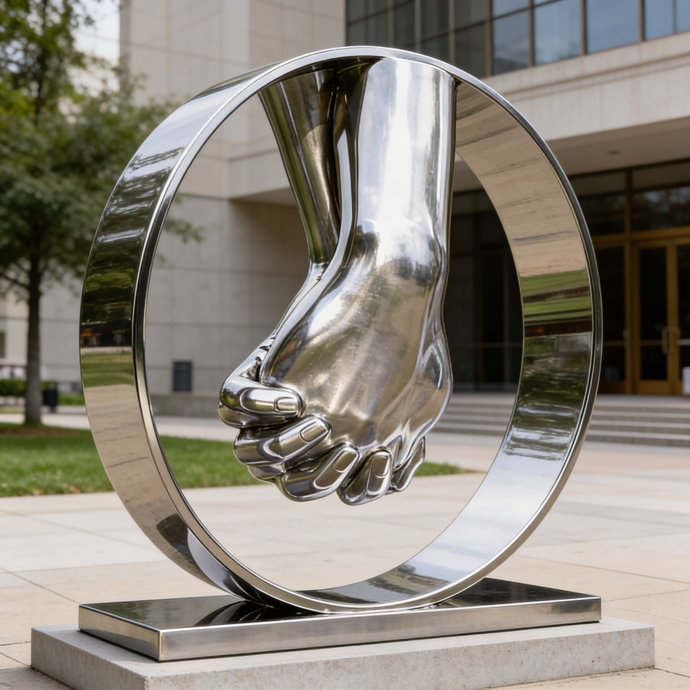 Contemporary metal unity sculpture with two hands joined inside a reflective circular frame