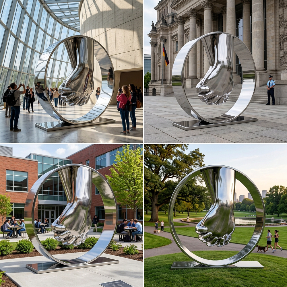 Abstract metallic sculpture symbolizing connection, with clasped hands inside a circular form