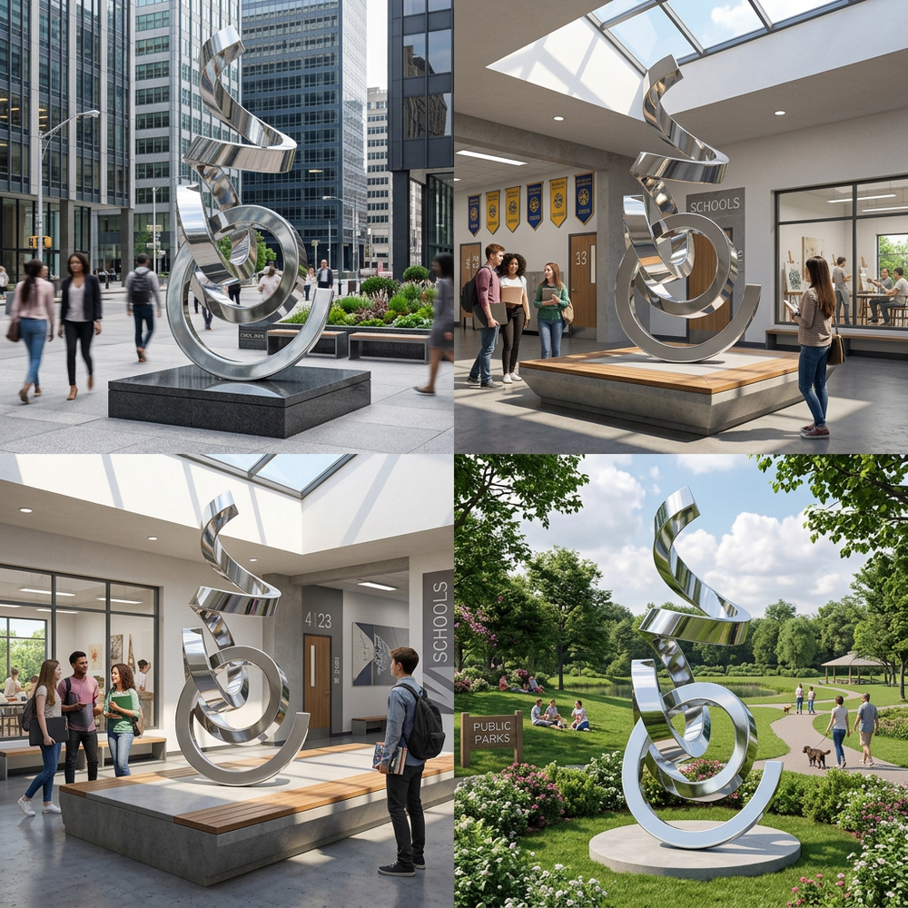 Modern abstract metal sculpture with twisting ribbon shapes and smooth mirrored finish