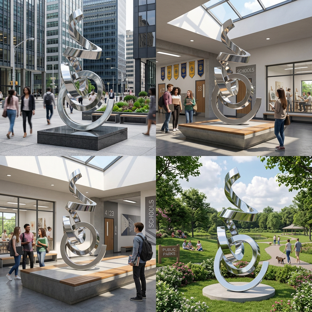Modern abstract metal sculpture with twisting ribbon shapes and smooth mirrored finish