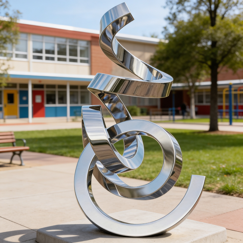 Contemporary polished metal artwork composed of looping, intertwined ribbon‑like forms.